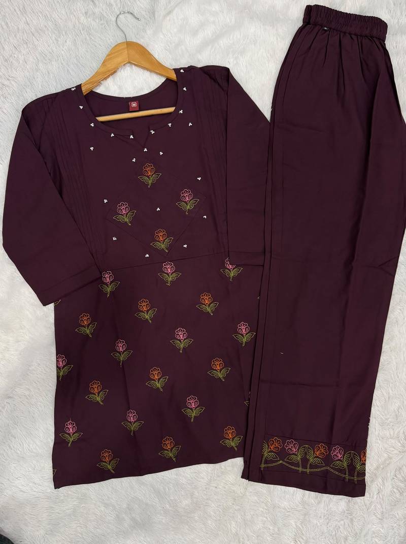 Trendy wine floral embroidered ethnic co-ord set for women