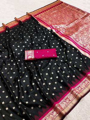 Black soft banarasi silk saree with zari weaving meenakari design 2