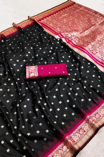 black soft silk blend saree with zari weaving meenakari design