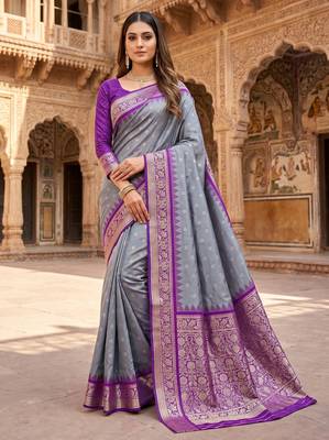 Grey soft banarasi silk saree with zari weaving meenakari design 1