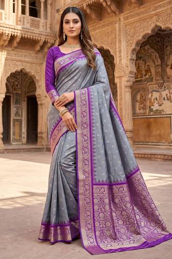 grey soft silk blend saree with zari weaving meenakari design