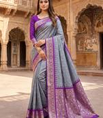 Grey soft banarasi silk saree with zari weaving meenakari design