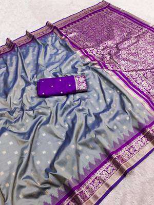 Grey soft banarasi silk saree with zari weaving meenakari design 2