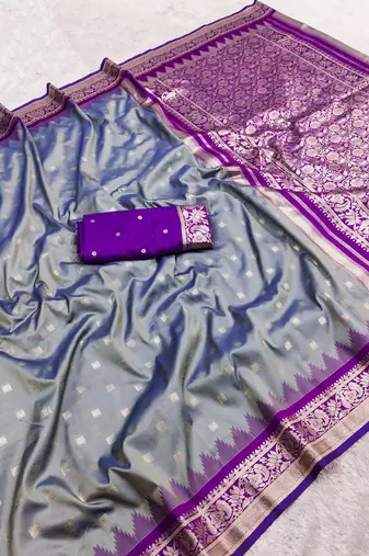 Grey soft banarasi silk saree with zari weaving meenakari design