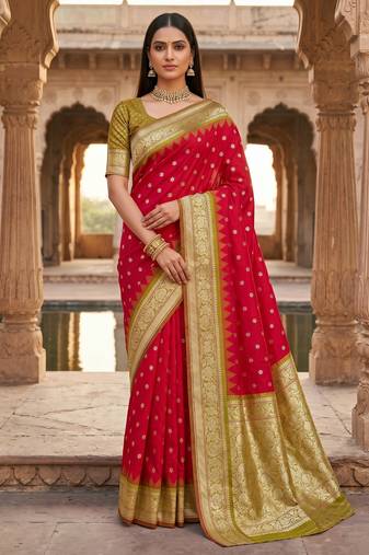 red soft silk blend saree with zari weaving meenakari design