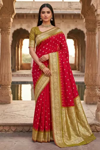 red soft silk blend saree with zari weaving meenakari design