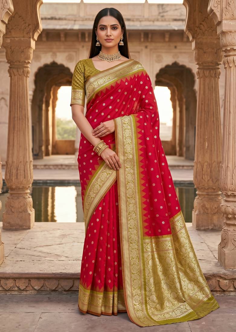 Red  soft banarasi silk saree with zari weaving meenakari design