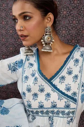 Women Floral Printed Angrakha Pure Cotton Kurta with Trousers