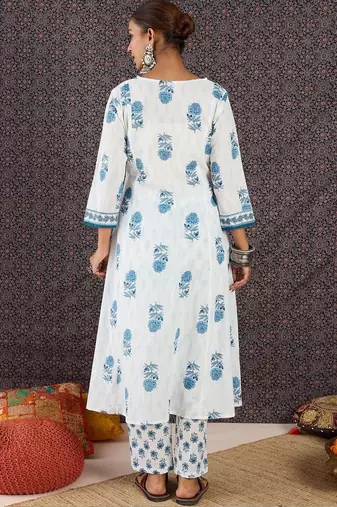 Women Floral Printed Angrakha Pure Cotton Kurta with Trousers