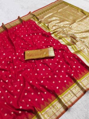Red  soft banarasi silk saree with zari weaving meenakari design 2
