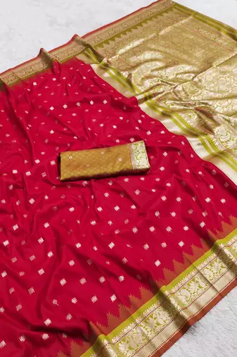 red soft silk blend saree with zari weaving meenakari design