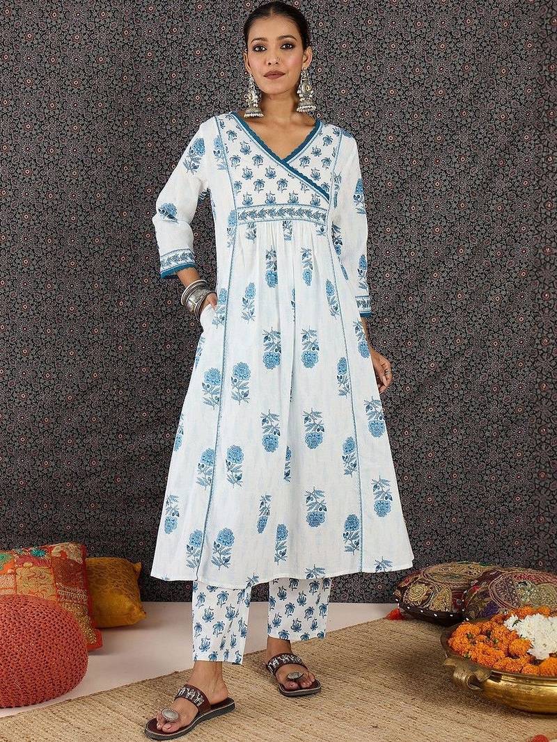 Women Floral Printed Angrakha Pure Cotton Kurta with Trousers