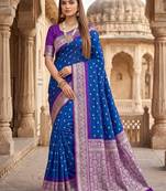 Blue soft banarasi silk saree with zari weaving meenakari design