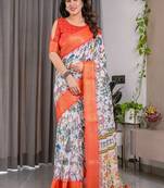 Peach Color digital floral prints And zari woven Work Linen Saree