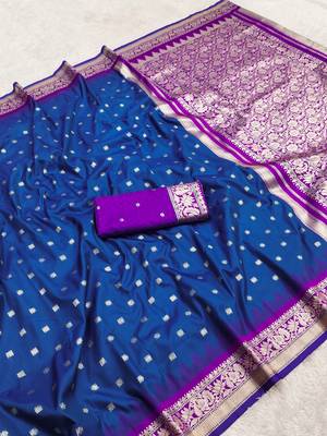 Blue soft banarasi silk saree with zari weaving meenakari design 2