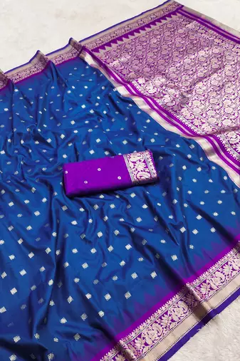 blue soft silk blend saree with zari weaving meenakari design