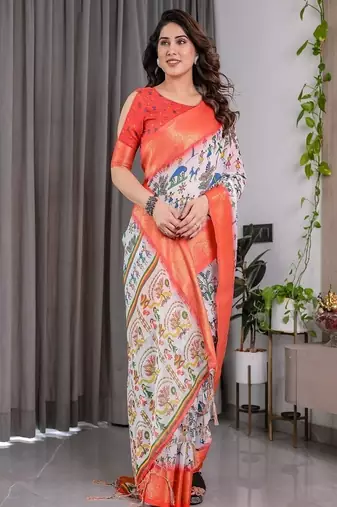 Peach digital floral prints And zari woven Work Linen Saree