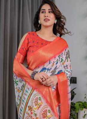 Peach Color digital floral prints And zari woven Work Linen Saree 5