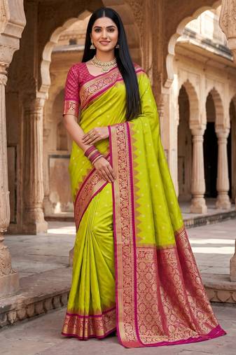 parrot green soft silk blend saree with zari weaving meenakari design
