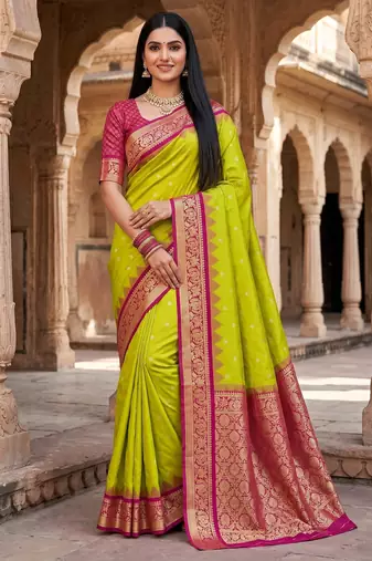 parrot green soft silk blend saree with zari weaving meenakari design