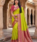 parrot green soft silk blend saree with zari weaving meenakari design
