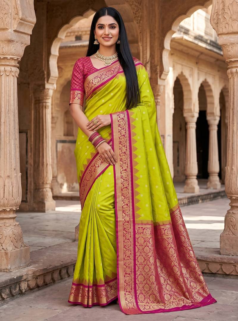parrot green soft silk blend saree with zari weaving meenakari design
