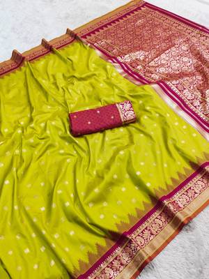 parrot green soft silk blend saree with zari weaving meenakari design 2