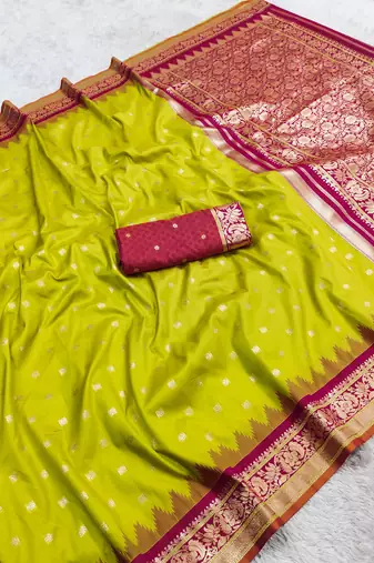 parrot green soft silk blend saree with zari weaving meenakari design