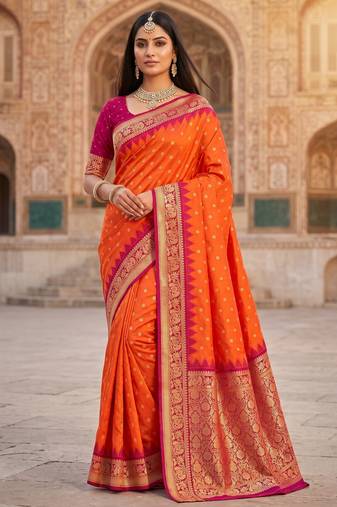 orange soft silk blend saree with zari weaving meenakari design