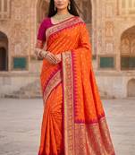 Orange soft banarasi silk saree with zari weaving meenakari design