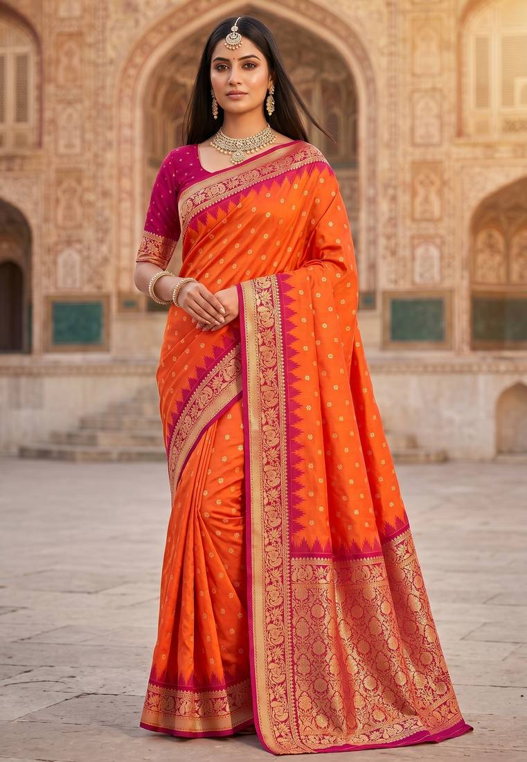Orange soft banarasi silk saree with zari weaving meenakari design