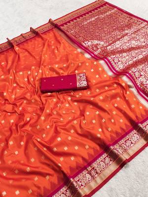 Orange soft banarasi silk saree with zari weaving meenakari design 2