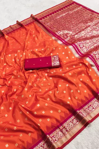 orange soft silk blend saree with zari weaving meenakari design