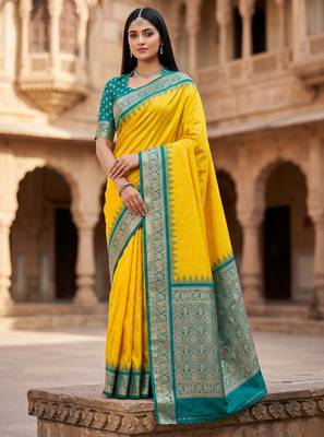 Yellow soft banarasi silk saree with zari weaving meenakari design 1