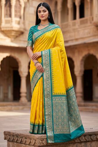 yellow soft silk blend saree with zari weaving meenakari design