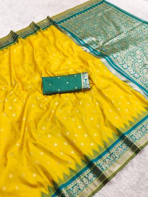 Yellow soft banarasi silk saree with zari weaving meenakari design 2