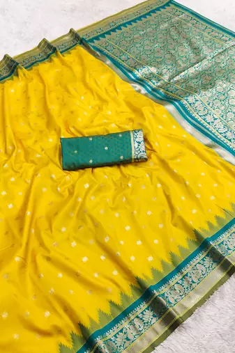 yellow soft silk blend saree with zari weaving meenakari design