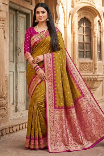 green soft silk blend saree with zari weaving meenakari design