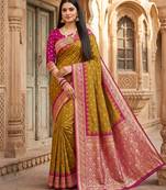Green soft banarasi silk saree with zari weaving meenakari design