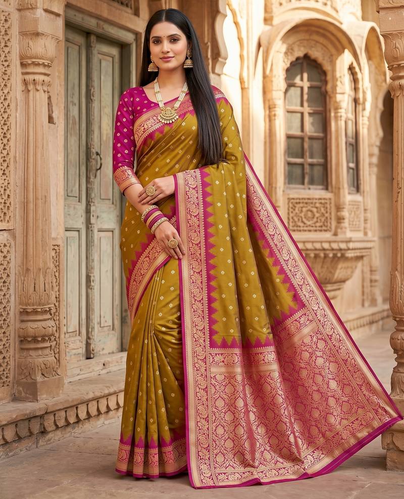 Green soft banarasi silk saree with zari weaving meenakari design