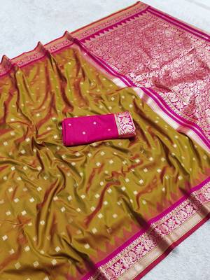 Green soft banarasi silk saree with zari weaving meenakari design 2