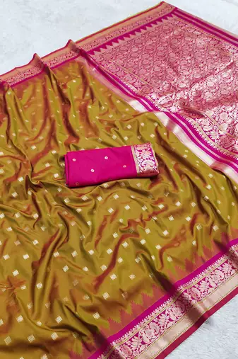 green soft silk blend saree with zari weaving meenakari design