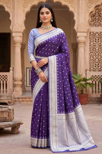 purple soft silk blend saree with zari weaving meenakari design