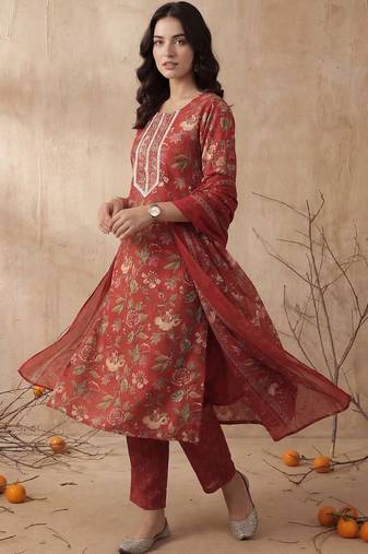 Women Floral Embroidered Regular Mirror Work Kurta with Trousers & With Dupatta