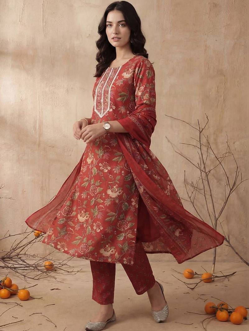 Women Floral Embroidered Regular Mirror Work Kurta with Trousers & With Dupatta