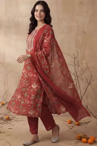 Women Floral Embroidered Regular Mirror Work Kurta with Trousers & With Dupatta