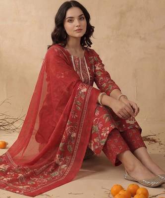 Women Floral Embroidered Regular Mirror Work Kurta with Trousers & With Dupatta 5