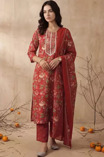 Women Floral Embroidered Regular Mirror Work Kurta with Trousers & With Dupatta