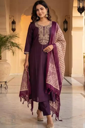 Women Ethnic Motifs Embroidered Regular Thread Work Kurta with Trousers & With Dupatta