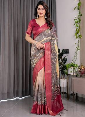 Wine Color digital floral prints And zari woven Work Linen Saree 1